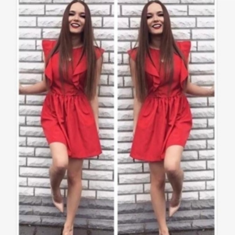 Zara Basic Shiny Red Short Sleeve Ruffle Dress - Picture 2 of 6